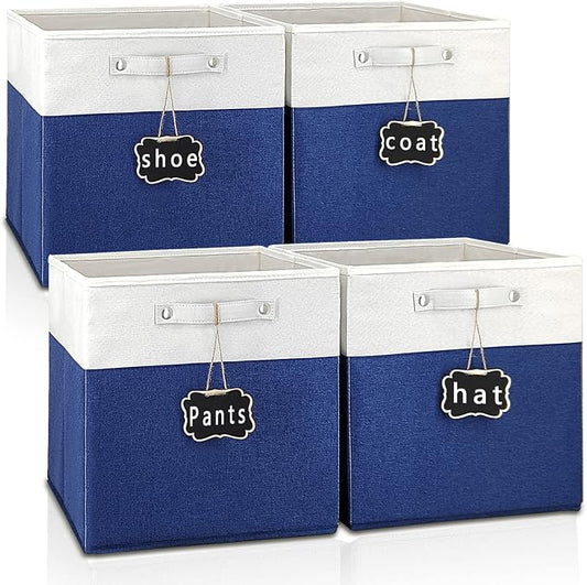 11 x 11 storage cubes,Set of 4 Collapsible Fabric Storage Cubes with Labels,Linen Cube Storage Organizer Bins Kallax Storage Cubes for Organizing Home,Shelves,Nursery Toys,Clothes(White Blue). by Storageexperts