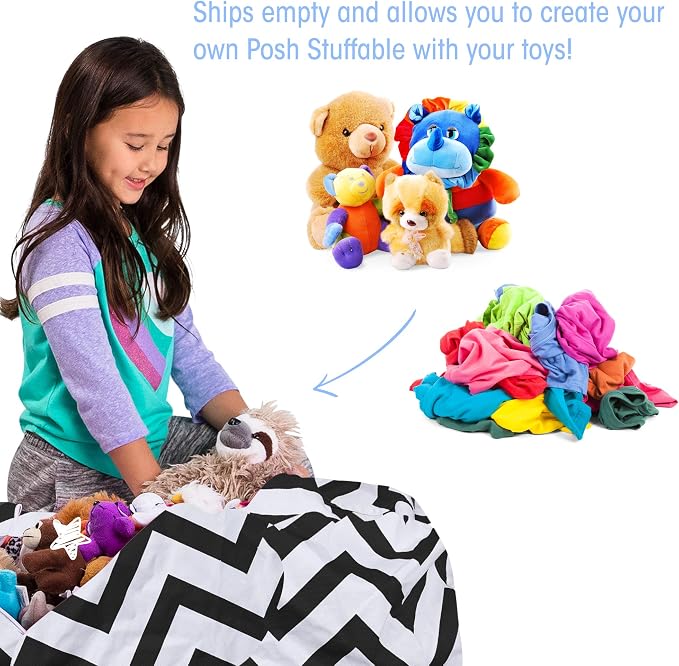 Posh Creations Kids Stuffed Animal Storage Bean Bag Chair Cover - Childrens Toy Organizer, Large-38in, Canvas Chevron Black and White - Image 3