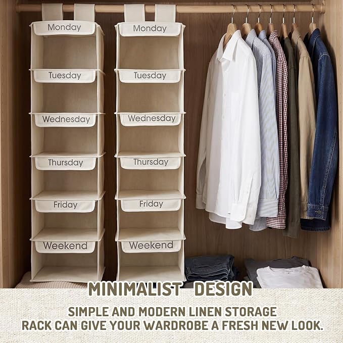 Sintuff 2 Pcs Heavy Duty 6 Shelf Weekly Hanging Closet Organizer for Kids Days of Week Clothing Organization Labeled Monday to Friday Clothes Divider for Weekday Weekend School Outfits - Image 7