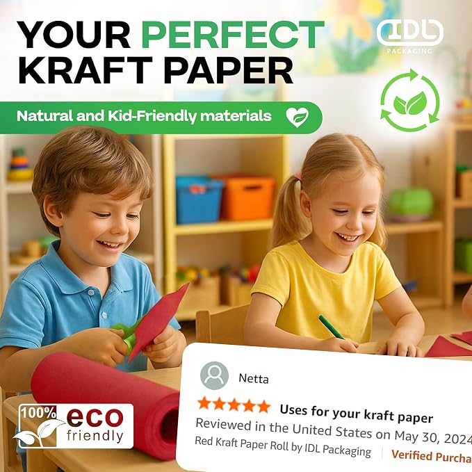 24" x 1200" (100 feet) Red Kraft Paper Roll - USA-Made Quality Craft Paper for Gift Wrapping, Kids' Arts & Crafts, School Projects - Natural Material 50lb Thickness by IDL Packaging - Image 5