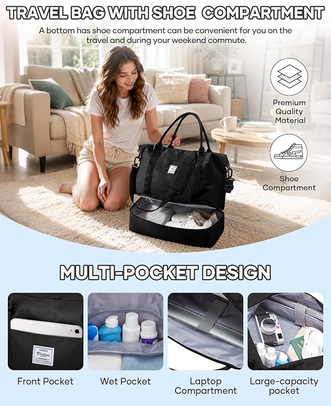 Travel Duffel Weekender Bag Women Tote Carry On Bags With Shoe Compartment | 18x14x8 inches Travel Overnight Bags with Trolley Sleeve for Airplanes Waterproof Sport Tote Gym with Toiletry Bag Black - Image 6