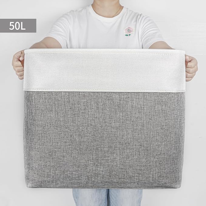 Large Fabric Storage Baskets | 50L Storage Bins, Decorative Linen Closet Baskets with Handles for Organizing, Shelf, Toys, Clothes, Home, Office, Nursery, 17x12x15Inches (Grey&White) - Image 7