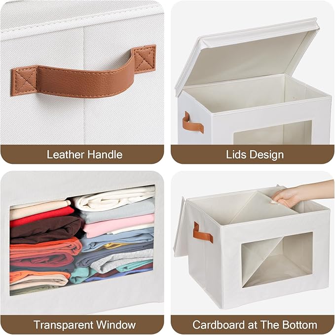 Univivi Fabric Storage Bins with Lids for Clothes 3 Pack, Beige | 17 x 12 x 12 In Foldable Storage Boxes with Handles, Clear Window, Closet Organizers for Home, Bedroom - Image 3
