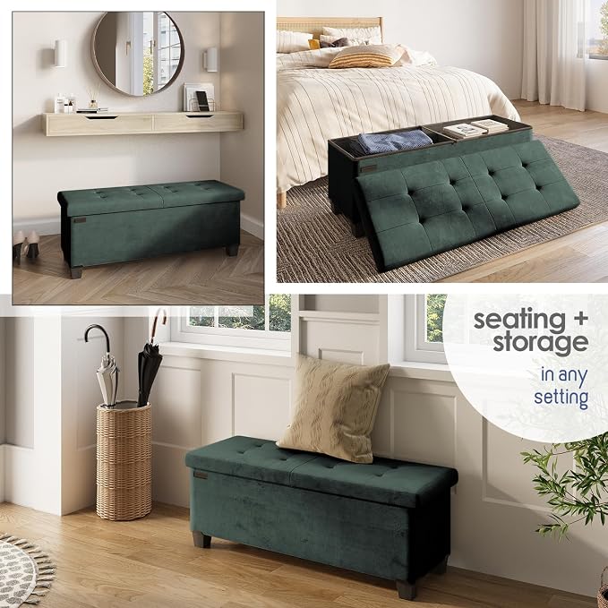 Storage Ottoman Bench with Bins, 43-in Storage Bench for Bedroom End of Bed, Folding Foot Rest Ottoman for Living Room Max 660lbs, Velvet Ottomans, Green - Image 5