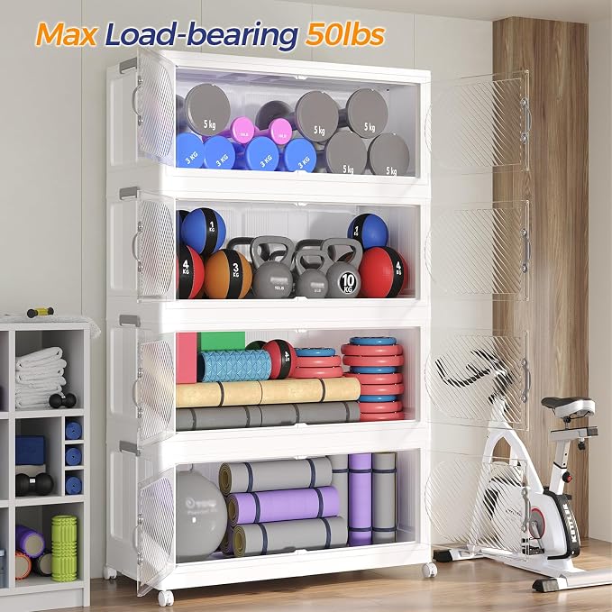 600QT Extra Large Stackable Storage Bins with Lid, 150Gal Plastic Closet Organizers and Storage Drawer, Collapsible Cabinet Box with Wheels Clear Doors for Home Kitchen Garage, 5Pack White - Image 8