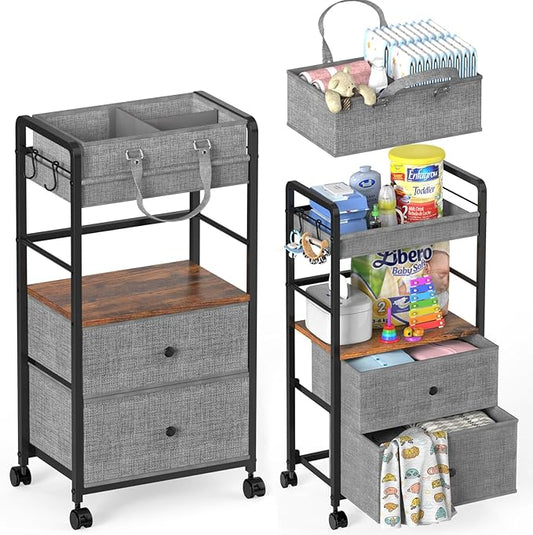 2IN1 Baby Diaper Caddy Organizer & 4-Tier Rolling Cart, Bedside Cart for Baby Essentials Nursery With Drawers, Metal Mobile Diaper Caddy Cart with Wheels, Storage Basket with Dividers for Baby Shower by GLISWAM