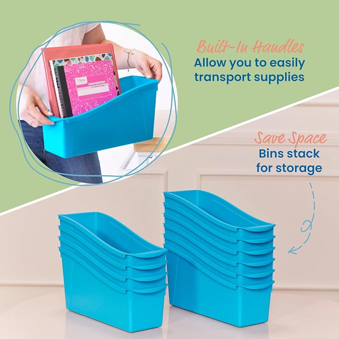 ECR4Kids Linking Plastic Storage Book Bin, Multipurpose Organization, Neon Blue, 10-Piece | Durable plastic with built-in handles, interlocking, nestable, ideal for books, magazines, and files in a classroom or office - Image 4