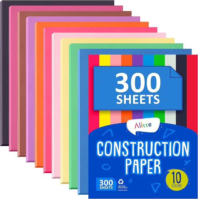 Alitte Construction Paper Assorted Colors - (300 Sheets, 9x12), Craft Paper, 10 Bright Colors - Bulk Pack Arts & Crafts Projects - Colored Paper for Preschool, Home, and Classroom Supplies by Alitte