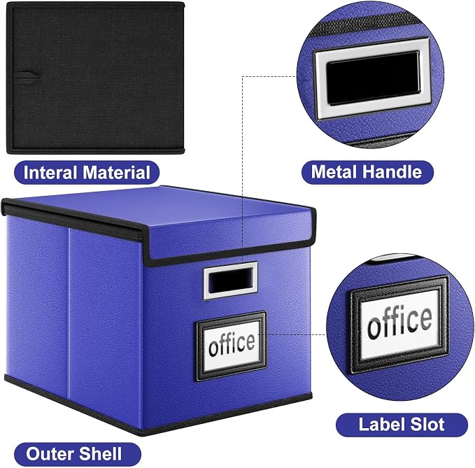 File Organizer Box with Lids, Collapsible File Folder Organizer | File Box with Plastic Slides for Document, Filing Bin for Letter Size Hanging File Folders (1 Pack, Navy Blue, Leather) - Image 3