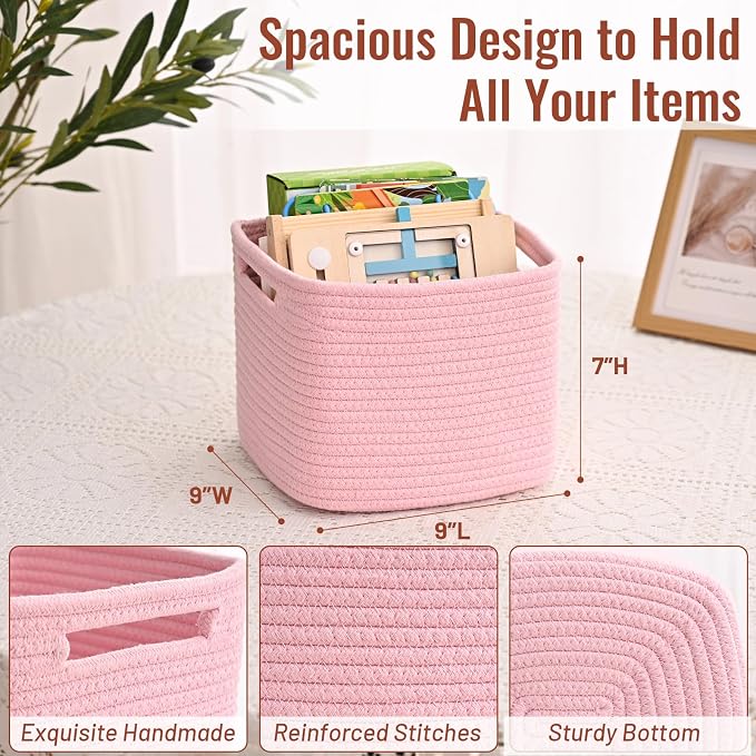 3 Pack Cube Storage Bin, 9”x9”x7” Cotton Rope Woven Baskets for Organizing Toys Clothes Towels, Square Gift Storage Baskets for Shelves, Nursery, Closet, Bathroom, Pantry (Pink) - Image 4
