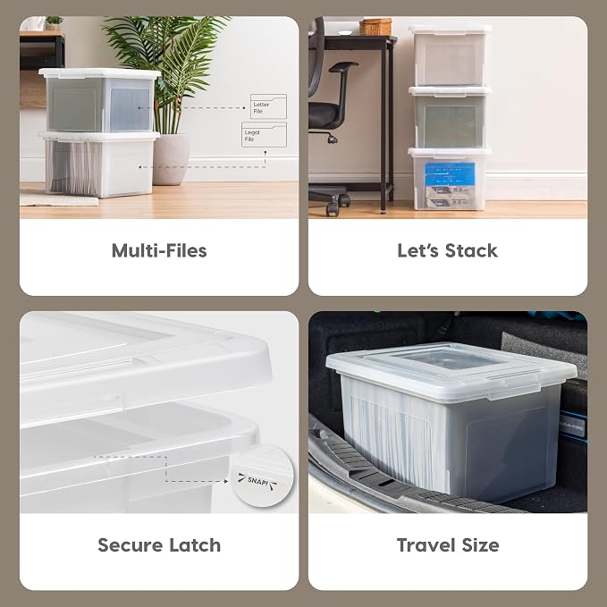 IRIS USA File Box, Plastic File Organizer with Lids for Letter/Legal File, Portable Document Box For Moving, Storage Bin with Durable and Secure Lid, Stackable Nestable BPA-Free, Clear 35 Qt. 4 Pack | Portable Moving Box, Stackable and Secure Storage, ... - Image 4