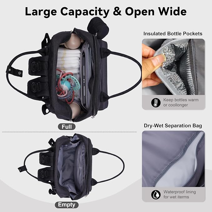 Large Capacity Diaper Bag Backpack, Wet/Dry Separation Black | Allovely Diaper Bag Backpack, Large 22L Baby Bags for Boys Girls, Multi-functional Travel Diaper Backpack, Stroller Straps - Image 4