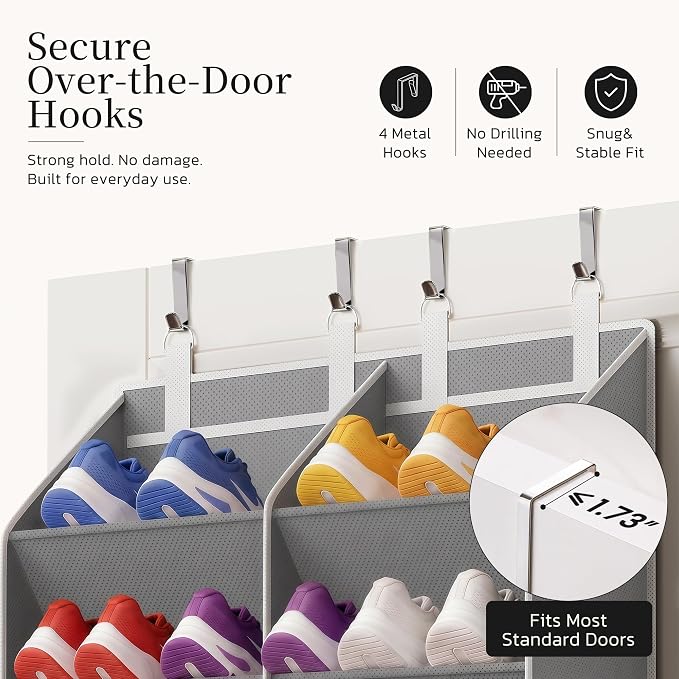 Over the Door Shoe Organizer, 20-30 Pairs Heavy-Duty Hanging Shoe Storage with Large Pockets, 10-Tier Door Shoe Rack with 4 Hooks for Sneakers Sandals Heels Boots (Gray) - Image 4