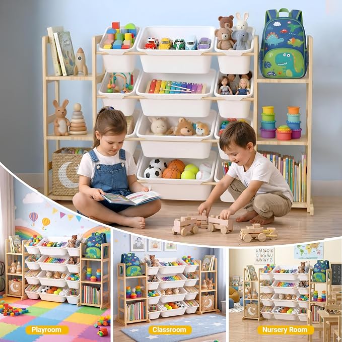 Toy Storage Organizer with Bookshelf for Kids, Large Wooden Shelf with 12 Storage Bins & 6 Shelves, Toy Box Organization for Kids Rooms, Playroom, Nursery and Living Room - Image 6