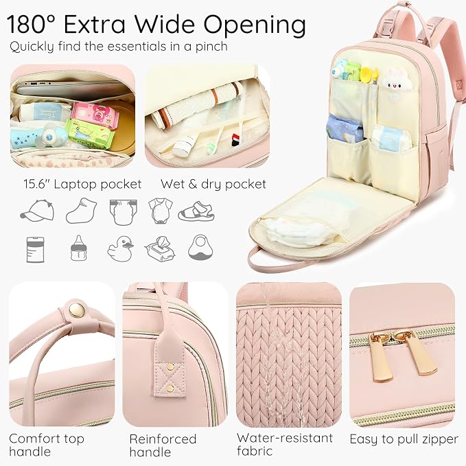 AIJIEKE Diaper Bag Backpack, Large Multi-functional Diaper Backpack, Pink | Waterproof lightweight baby backpack. With changing pad, stroller straps, insulated & wet/dry pockets. Mom & dad essential - Image 4