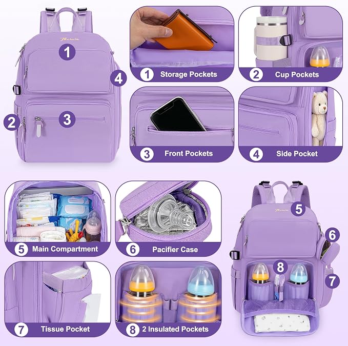 IBVIVIC Diaper Bag Backpack with Portable Changing Pad, Lavender Purple | Multifunctional Baby Bag for Mom Dad, Large Capacity, Stroller Straps, Insulated Bottle Pockets & Pacifier Case - Image 6