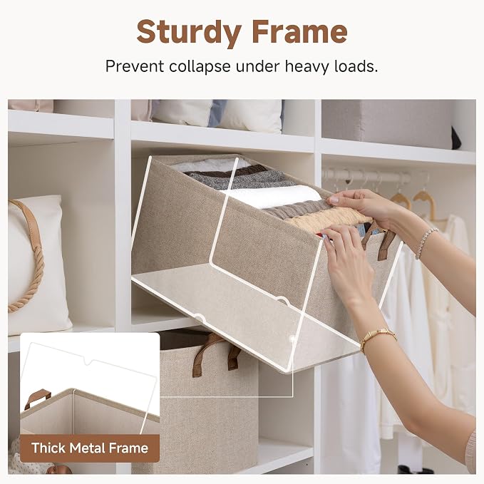 StorageWorks Fabric Storage Bins, Brown and Beige, Extra Large, 2-Pack | 45L, With Reinforced PU Handles, Metal Frame, Collapsible, Storage Basket for Shelves, Closet, Holds Clothes, Towels, Blanket - Image 4