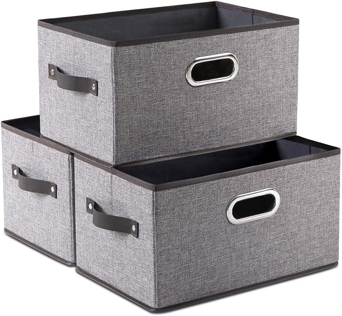 Large Foldable Storage Bins for Shelves [3-pack] Decorative Linen Fabric Storage Baskets Cubes with Leather/Metal Handles for Closet Nursery Office Grey and Black Trim (14.9x9.8x8.3 Inch) by Prandom