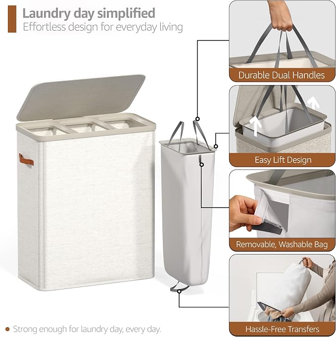 Sorbus Laundry Hamper with Lid - Collapsible 3-Compartment Fabric Laundry Basket with Handles and Removable Laundry Bag – 50 Gallon (190 L) Dirty Clothes Hamper for Bedroom, bathroom and dorm (Beige) - Image 4