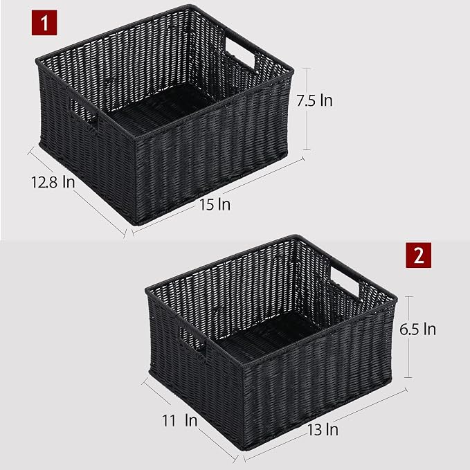 HOONEX Large Wicker Baskets for Storage, Plastic Baskets for Organizing with Dual Handles, Woven Baskets for Storage, Set of 2, (Black, 15 x 12.8 x 7.5 inches) - Image 4