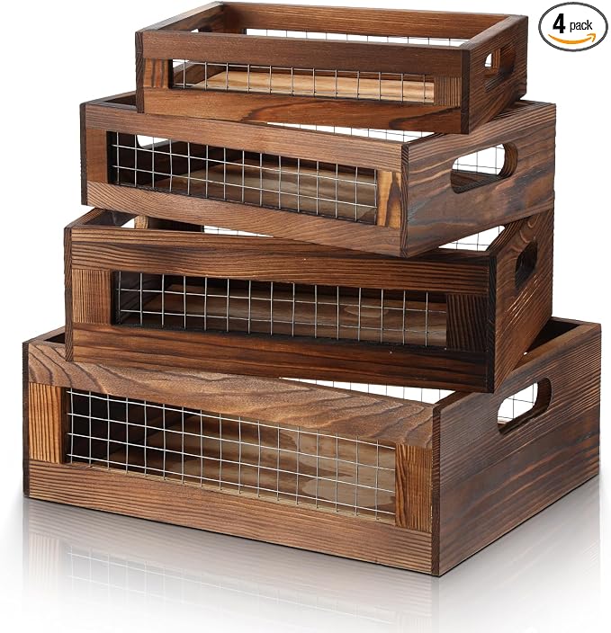 FillTouch 4 Pcs Wooden Nesting Countertop Baskets 4 Size Wooden Storage Box with Handle and Metal Wire Multipurpose Wood Organizer Crate for Fruit Vegetable Kitchen Cabinet Bathroom(Walnut,Small) by FillTouch