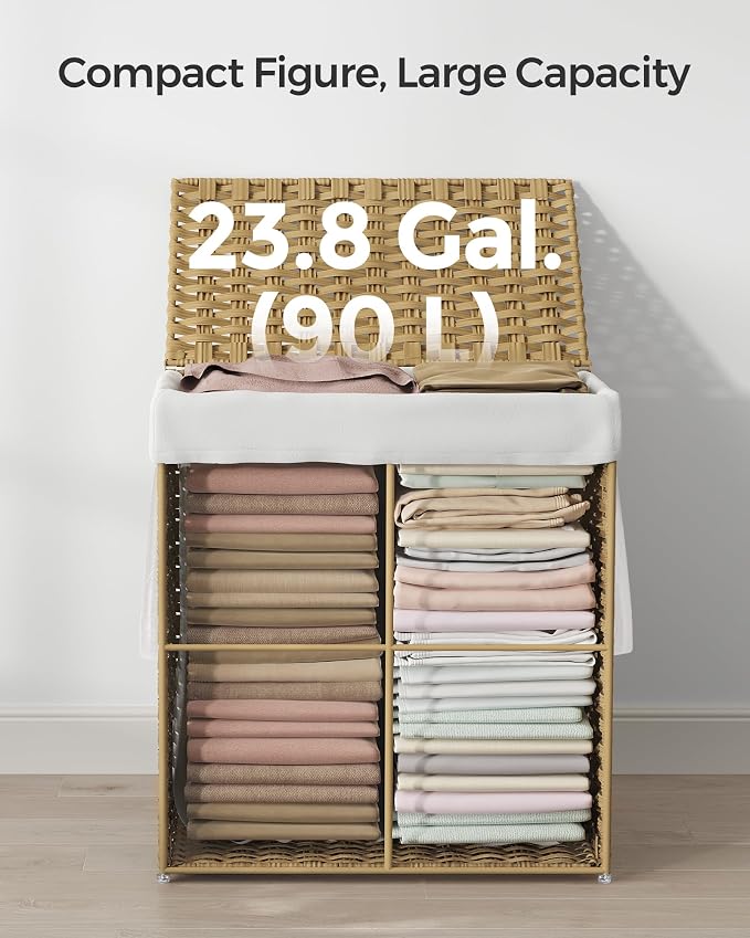 SONGMICS Laundry Hamper with Lid, 23.8 Gallon (90 L) Synthetic Rattan Clothes Laundry Basket with Lid and Handles, Foldable, Removable Liner, Goose Yellow ULCB51NL - Image 5