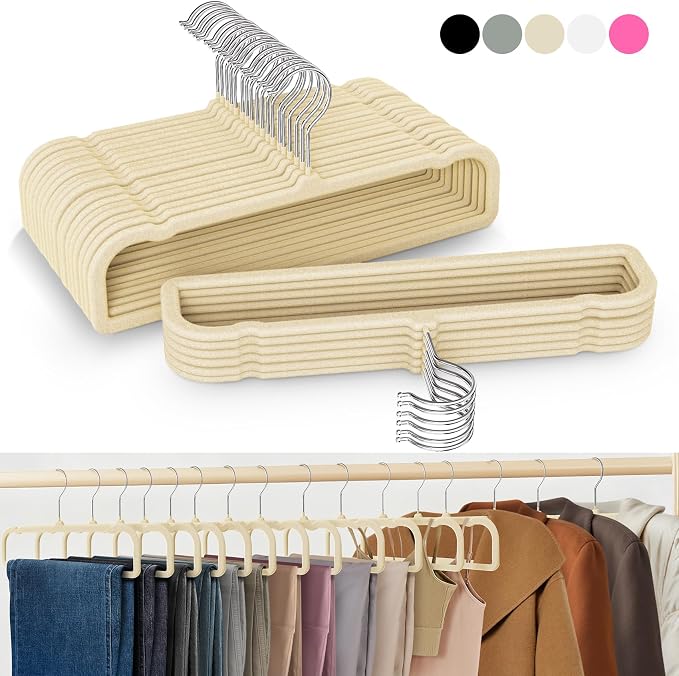 50 Pack Velvet Hangers Non Slip, Felt Pants Hangers Thin Space Saving | Clothes Hanger Flocked Strong Durable Ganchos Para Colgar Ropa with 360°Swivel Hook for Pant Jean Shorts Tank Top Cream White - Image 2