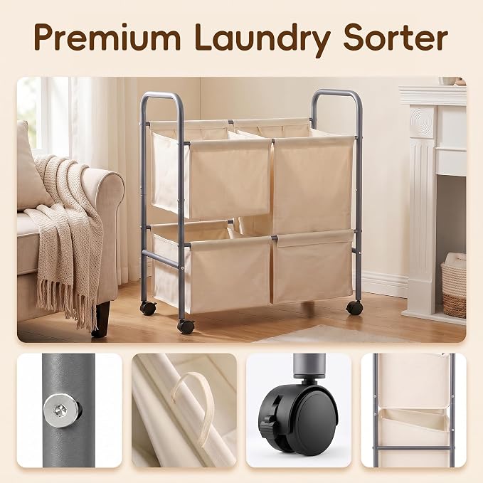 130L Laundry Hamper with Wheels, 3 Section Laundry Sorter Cart with Removable Bags, Rolling Clothes Hamper with Waterproof Lining, Sturdy Freestanding Canvas Laundry Basket for Laundry Room, Beige - Image 4