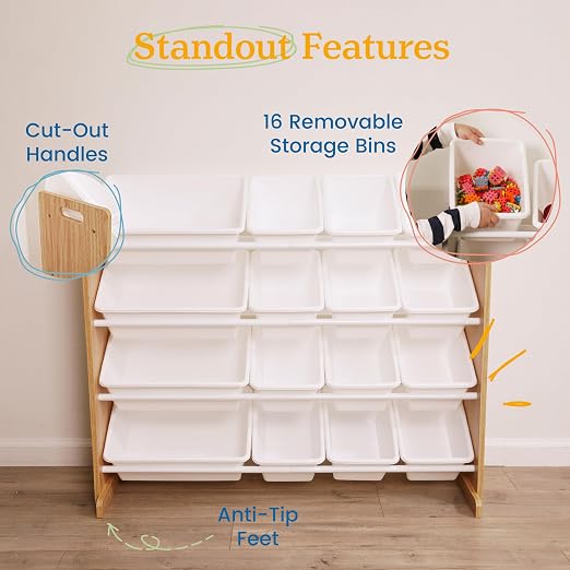 ECR4Kids 4-Tier Organizer with 16 Bins, Toy Storage, Dark Natural/White | Durable plastic bins, MDF panels, steel frame, GREENGUARD Gold Certified, 60 lb capacity, anti-tip kit, playroom/classroom - Image 6