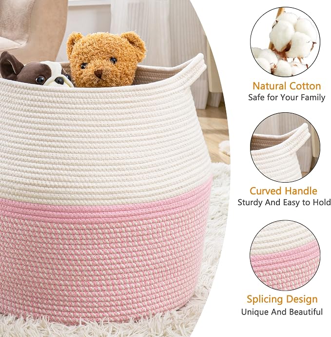 KAKAMAY Woven Baskets for Storage(17"x17"),Large Cotton Rope Woven Baby Laundry Hamper,Collapsible Laundry Basket, Blanket Basket for Organizing Living Room,Nursery,Pillows,Toy Chest(Pink) - Image 2
