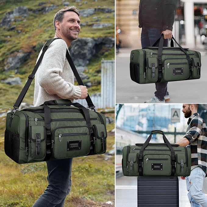 WITZMAN Duffle Bag for Men Large 54L Travel Duffel with Shoe Compartment | Water-resistant Nylon, Dry-wet Pocket, Fits 16" Laptop, Convertible for Gym, Weekender, Sports, Overnight, B717 Army Green - Image 2