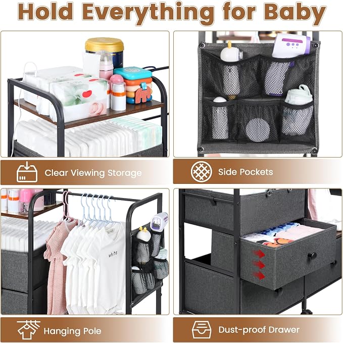 Orzbow Baby Diaper Caddy Cart Organizer and Storage, Grey | 4 Tier Baby Rolling Cart with Dividers and Drawers, Metal Rolling Utility Cart for Nursery, Bedroom, Changing Table & Crib - Image 2