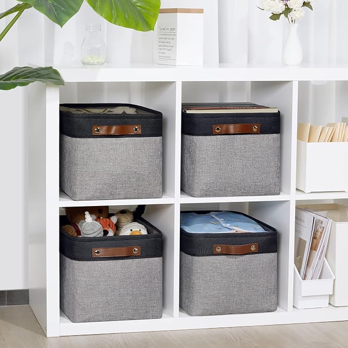 DULLEMELO Canvas Storage Bin with Handles, Fabric Bins for Shelves, Bedroom, Office,Nursery,Fabric Storage Baskets for Toys, Clothes,Gift(Black&Grey,L-15"x11"x9.5",4-Pack) - Image 5