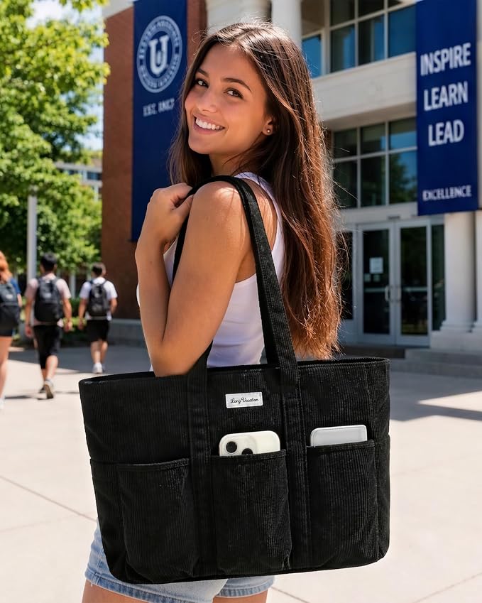 LONG VACATION Corduroy Tote Bag for Women, 16 Pockets Large Work Laptop Bag | 15.6" Laptop Compartment, 40oz Cup Holder, Lightweight, Washable, Teacher Nurse Bag for Office School Travel Gym College - Image 2