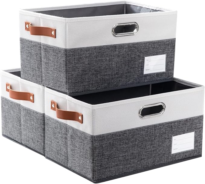 Foldable Storage Bins with Handles [3-Pack] Fabric Collapsible Storage Boxes Baskets Cubes Containers with Handles for Closet Living Room Bedroom (Grey & White 14.9x9.8x8.3'') by Prandom