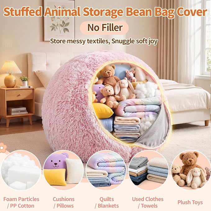 Stuffed Animal Storage Bean Bag Chair Cover, Soft Bean Bag Cover | Fluffy Faux Fur Stuffed Animal Storage Chair, Non-Slip Bottom, Fill with Plush Toys or Blankets, for Adults Teens Kids Girls - Image 3