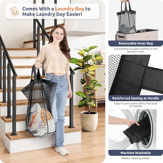SOLEDI Large Laundry hamper 3 Section with Laundry Bag, XL Clothes Basket | 3-Section Large capacity Laundry Sorter with Odor-Blocking Lid, Robust Iron Frame & Waterproof 600D Fabric, 3 Washable Bags - Image 4
