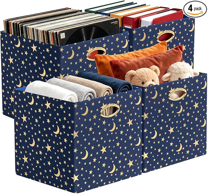 Posprica 13x13x13 Storage Cube Bins, Collapsible Storage Bins Fabric Storage Cubes Organizer Baskets Box Drawers for Shelves, Closet, Wardrobe, Bookshelf, Cabinet, Blue-Moonstar, 4 Pack by Posprica