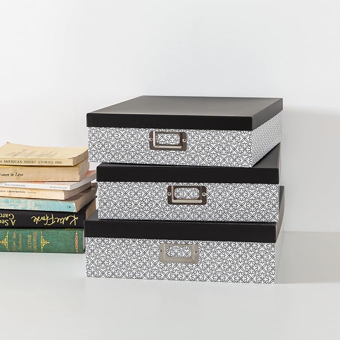 SLPR - Black and White Nesting Storage Boxes with Lids, Set of 3 | Decorative Paperboard Scrapbook Box Set for Keepsakes, Photos and Letter Papers, Large Cardboard Memory Organizers - Image 7