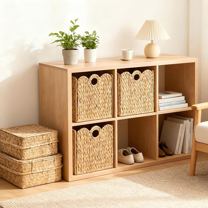 Scalloped Wicker Storage Cubes Basket, 12”x12“ Heavy Duty Paper rope/Hyacinth/Seagrass Baskets for Shelves, Foldable Natural Boho Square Bins (Water Hyacinth&12 x 12 x 12in&4-Pack) - Image 4