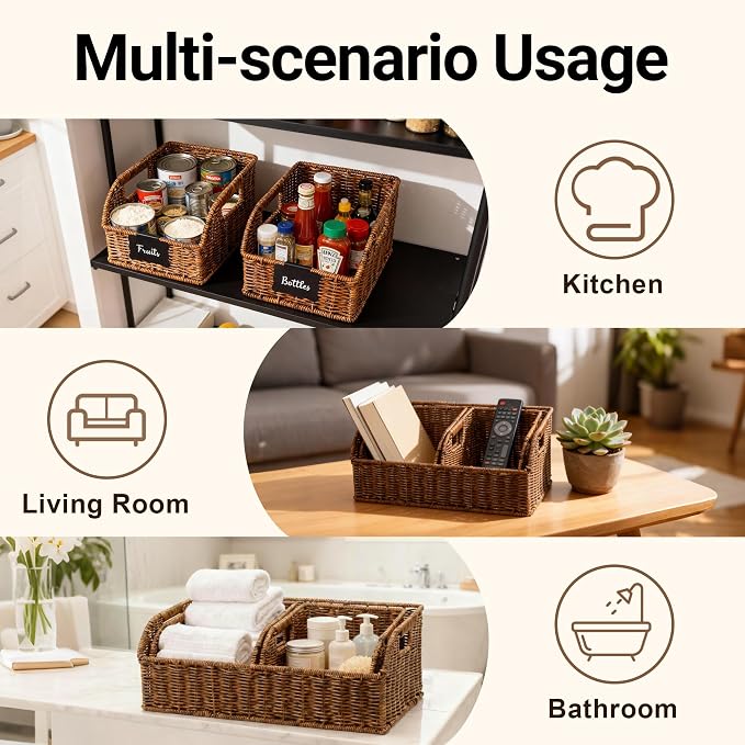 Brownlily Faux Wicker Pantry Storage Baskets, Brown-Single Set (3-Piece) | Handwoven Baskets for Organizing with Built-in Handles, All-Purpose Storage Baskets with Chalkboard for Shelves,Laundry Room - Image 6