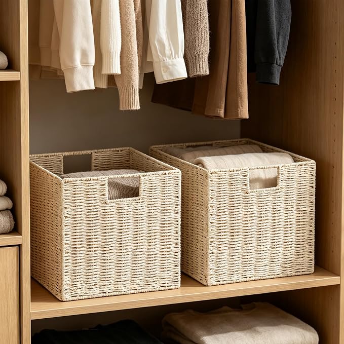 Wicker Storage Basket, Set of 2 Hand-Woven Paper Rope Wicker Baskets, Foldable Cube Storage Bins, Beige Storage Basket, Square Baskets for Organizing Shelves & Decor, Beige(13″×13″×13″) - Image 5