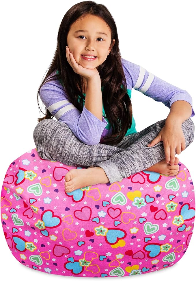 Posh Stuffable Kids Stuffed Animal Storage Bean Bag Chair Cover - Childrens Toy Organizer, Medium-27 - Canvas Multi-Colored Hearts on Pink by PoshCreations