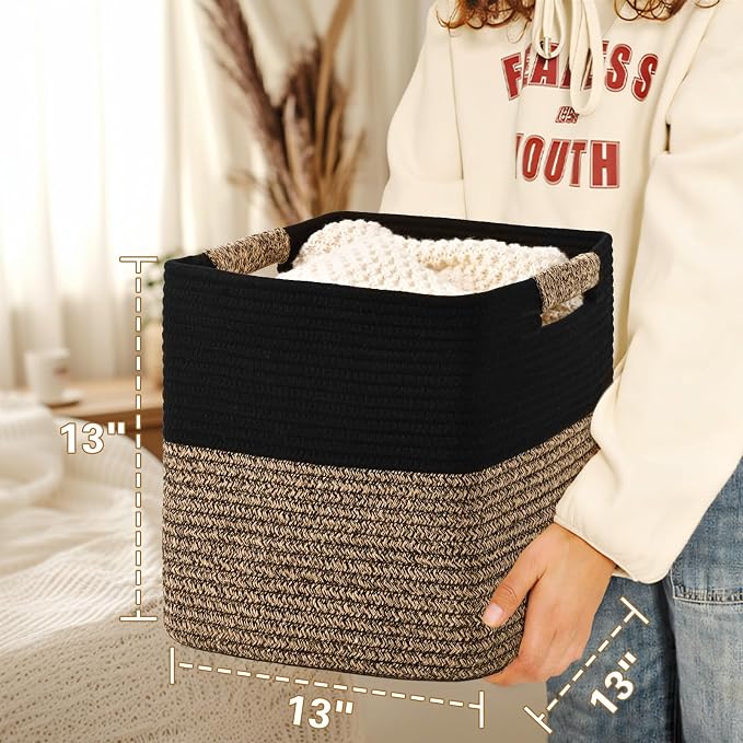 13 Inch Storage Cubes, 3 Pack Cube Storage Bins for Organizing, Cotton Rope Woven Baskets for Shelves, Bathroom, Kids Room, Closets, Baby Nursery - Image 4