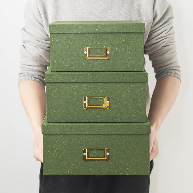 Soul & Lane - Green Decorative Memory Storage Boxes with Lids, Set of 3 | Square Stacking Kraft Photo Storage with Gold Label Holders, Large Nesting Cardboard Boxes for Office, Crafts and Paper - Image 4