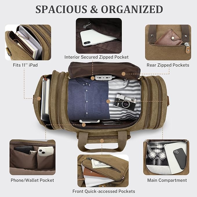 Gonex Canvas Duffle Bag, Expandable 60L Travel Overnight Weekender Bag | for Men, with Toiletry Bag, Multiple Pockets, Carry-On Size, Durable Zippers, Detachable Strap, Coffee - Image 3
