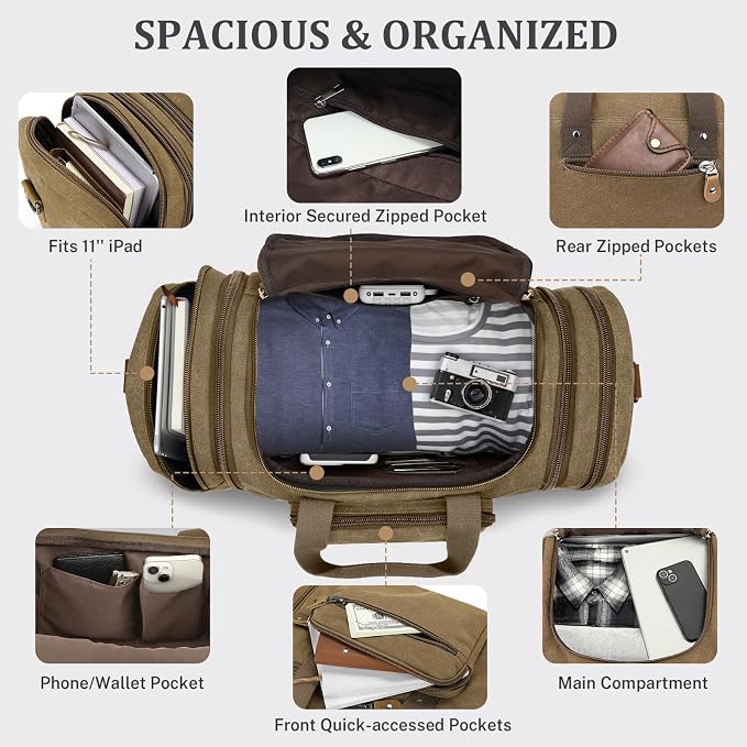 Gonex Canvas Duffle Bag, Expandable 50L Travel Overnight Weekender Bag | for Men, Multiple Pockets, Carry-On Size, Durable Zippers, Detachable Strap, Coffee - Image 4