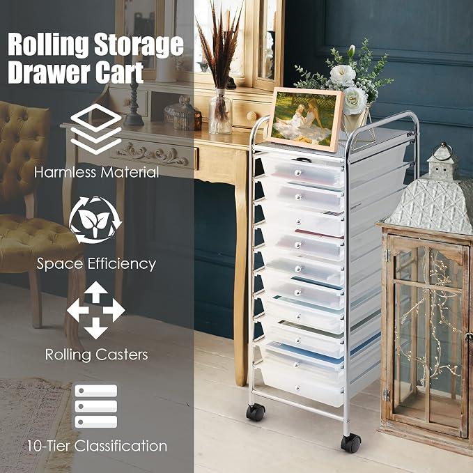 GOFLAME 10-Drawer Rolling Storage Drawer Cart, Utility Cart with Removable Drawers & Metal Frame, Mobile Art Craft Drawer Cart with Lockable Wheels for Home, Office, Studio, School, Clear - Image 4