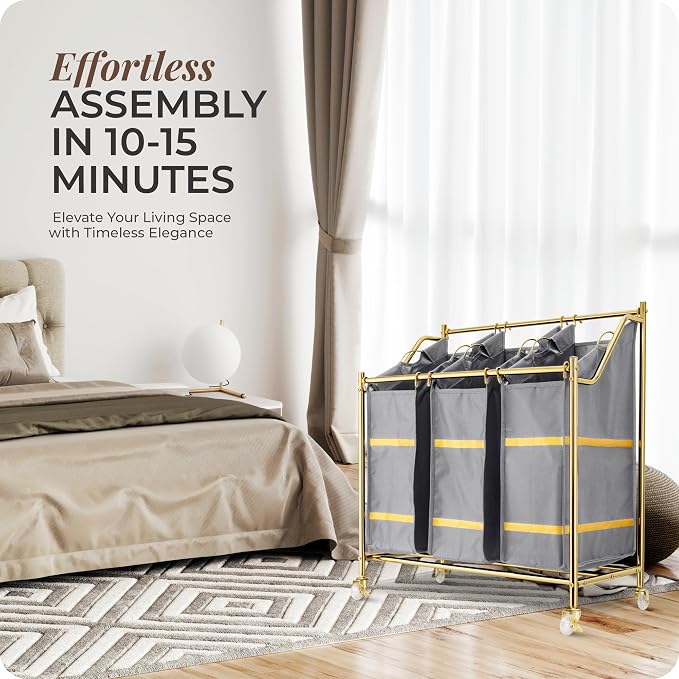 LUXURY STYLE 3- Sections Laundry Sorter, Roling Laundry Cart, Modern Golden Laundry Hamper, 3-Bags Hamper, Organizer with Wheels, Clothes Basket, XL Hamper for Clothes, Toys, and Towels (Cool Gray) - Image 8