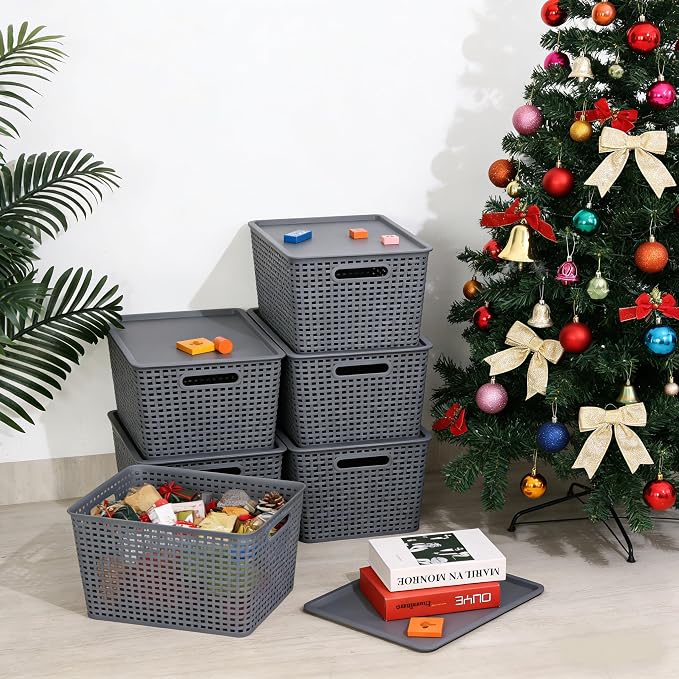 6 Pack Plastic Storage Bins with Lids, Stackable Storage Baskets with Handles, Large Organizer Bins for Desk, Shelves, Office, Plastic Container Bins for Pantry Organizers and Storage, Grey - Image 6